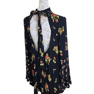 Free people Mini Dress open back  tie closure high neckline Black floral Small